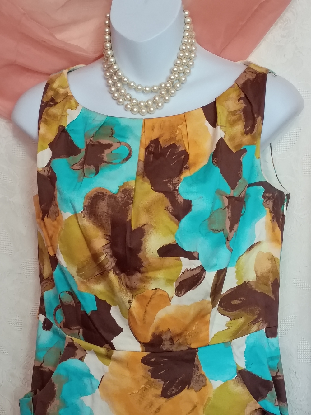 New Directions Ladies Floral Midi Dress in Turquoise, Mustard & Brown Sz 4 - Picture 5 of 8